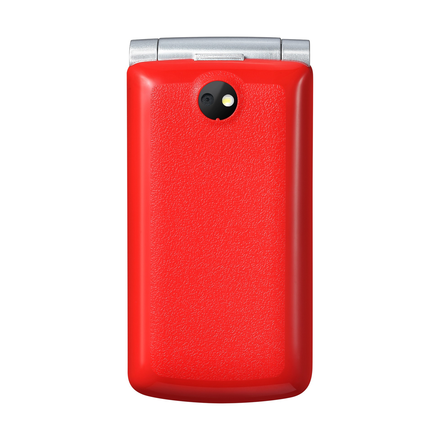 Un telefono cellulare a conchiglia rosso chiuso con cerniera argentata e fotocamera sul retro.