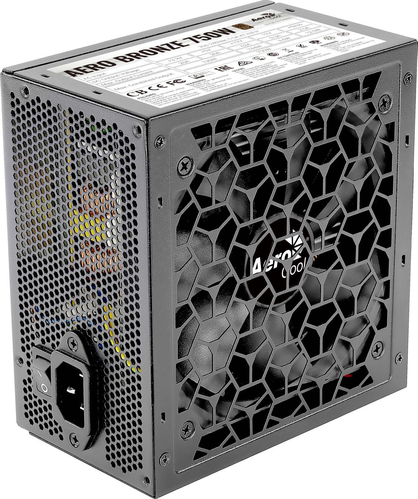 Ein schwarzes Aero Bronze 750W PC-Netzteil mit wabenförmigem Lüftergitter und Netzanschluss.