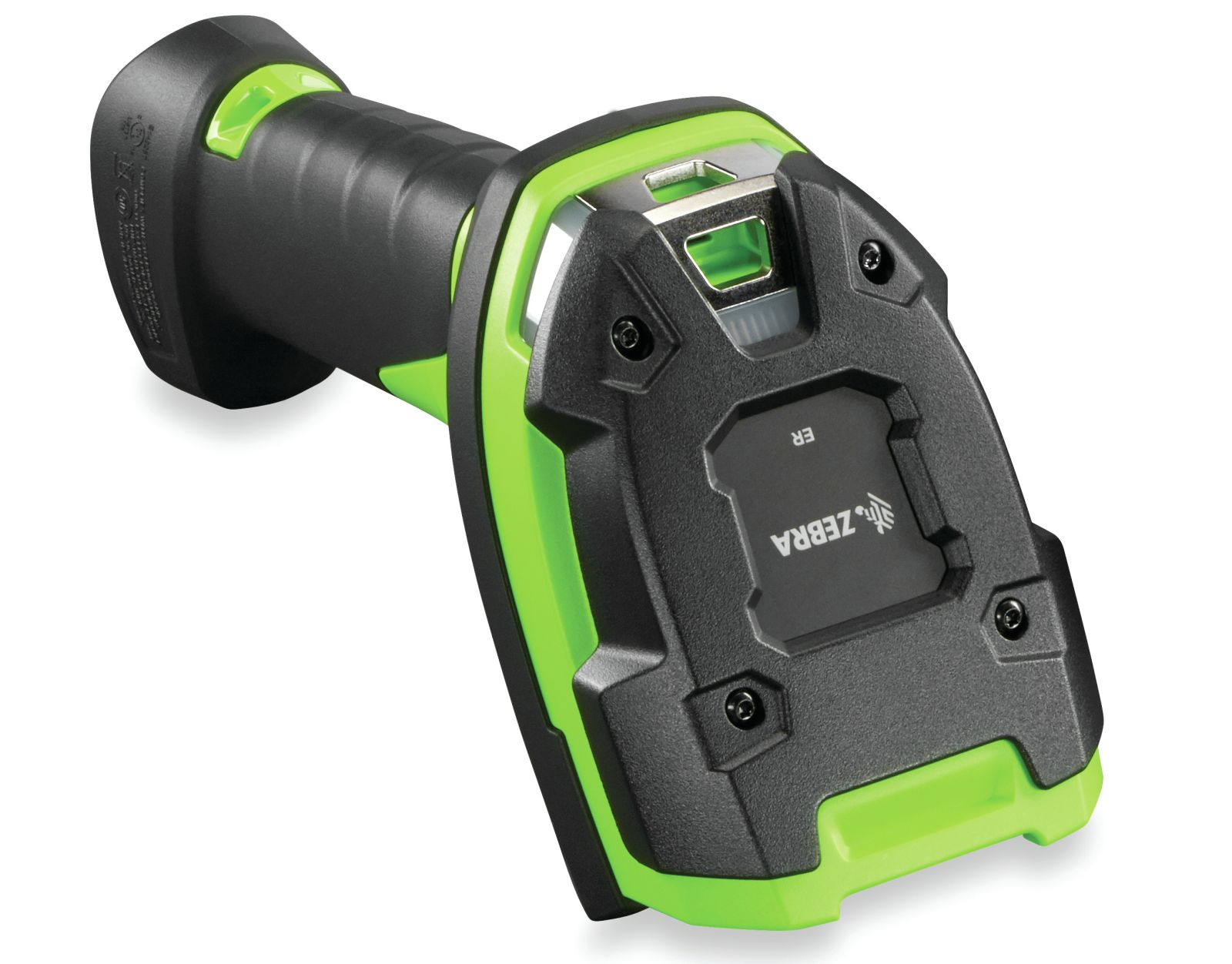 Uno scanner di codici a barre Zebra nero e verde su sfondo bianco.