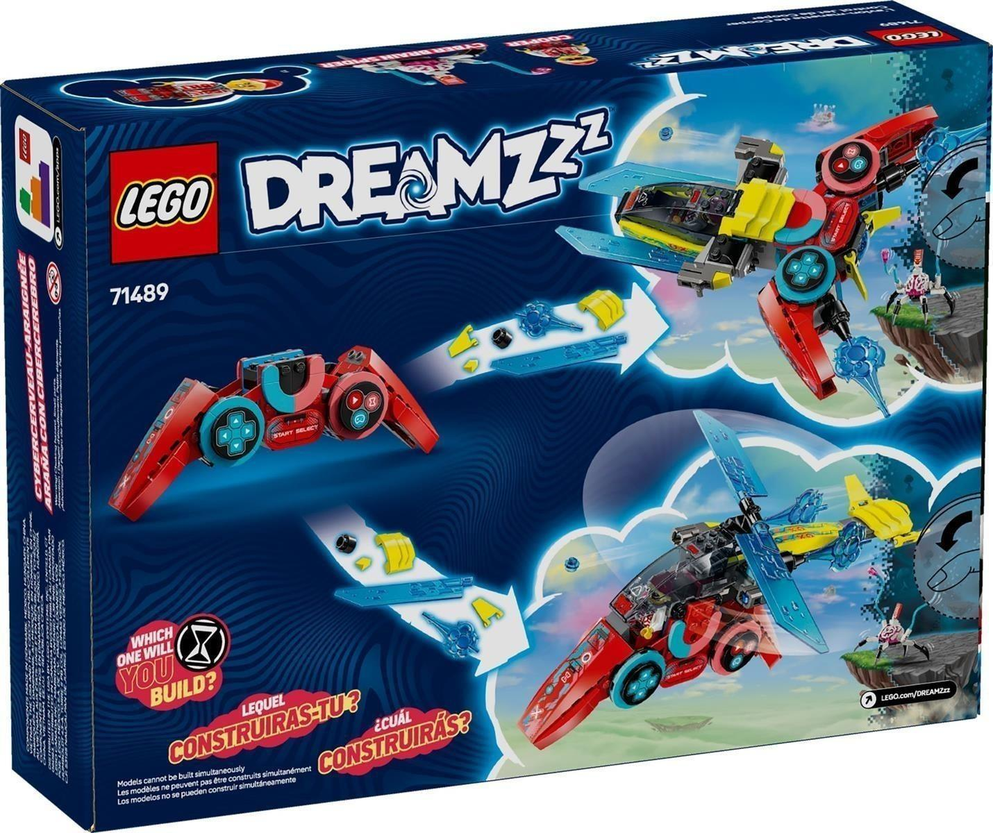 Die Lego Dreamzzz 71489 Box zeigt ein rot-gelbes Spielzeug mit Optionen für Spinne, Jet oder Auto.