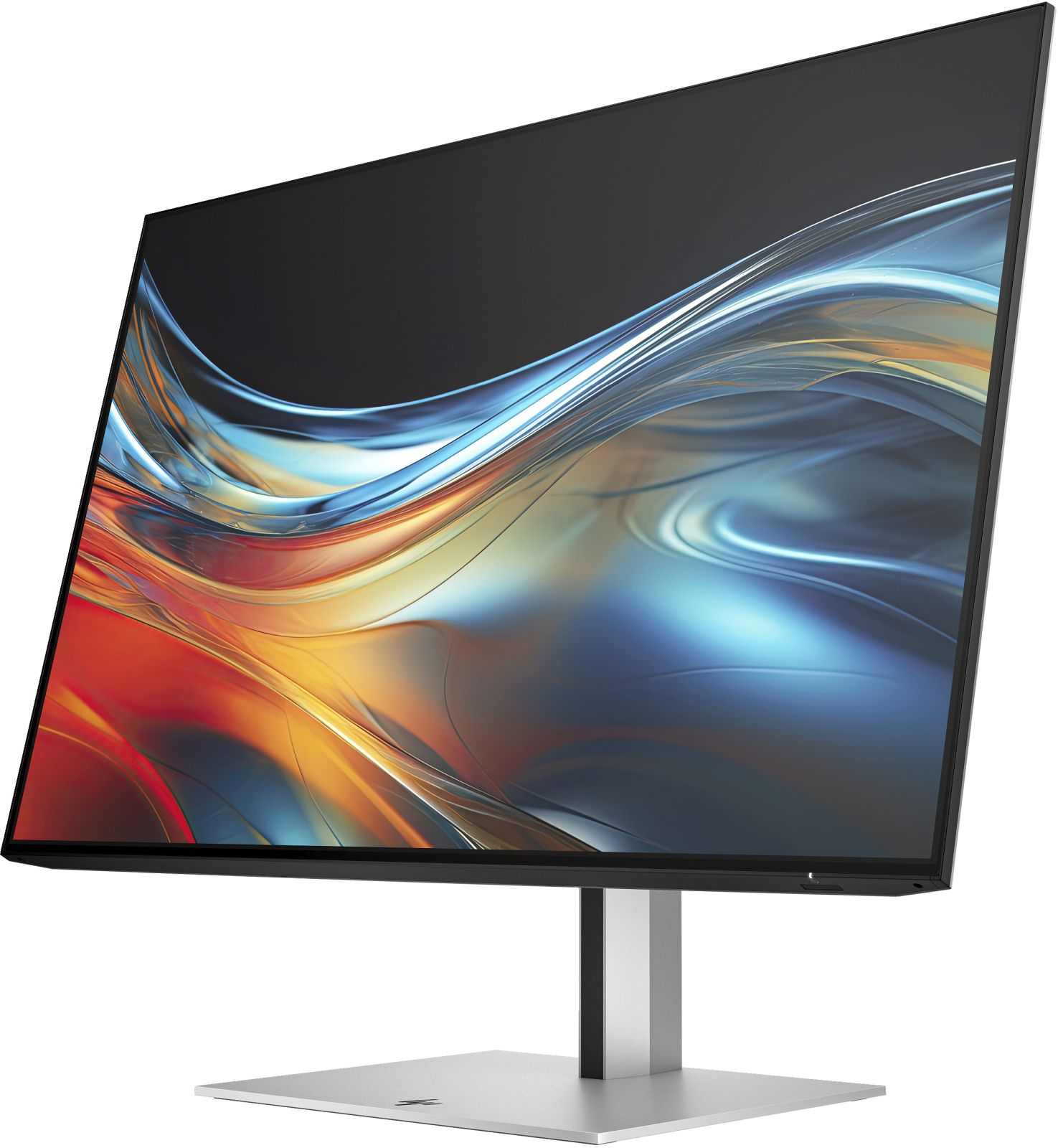 Moderno monitor per computer che mostra uno sfondo astratto e colorato su sfondo bianco.