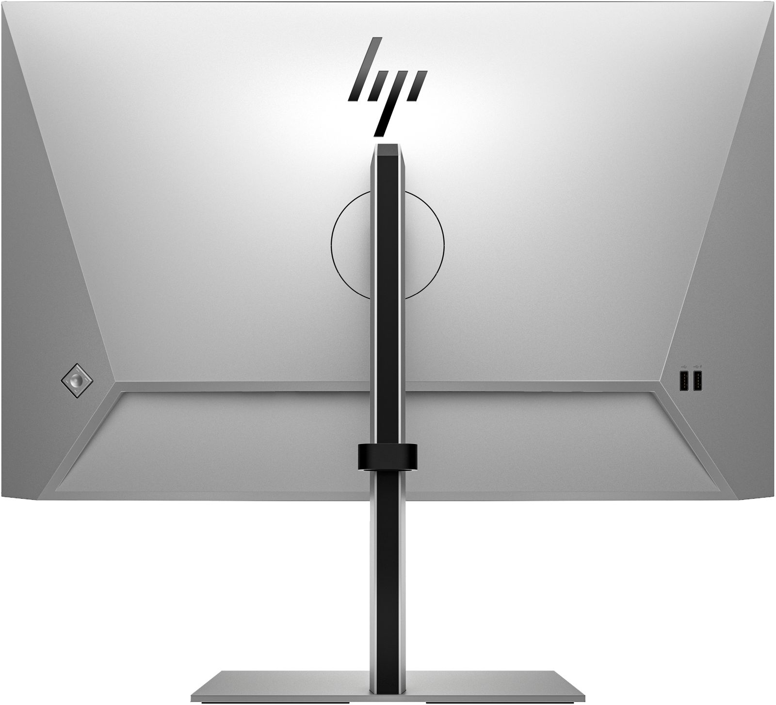 Vista posteriore di un monitor per computer HP argento con supporto nero e porte sul retro su sfondo bianco.