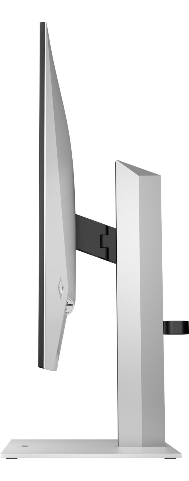 Vista laterale di un monitor argento su supporto quadrato a sfondo bianco.