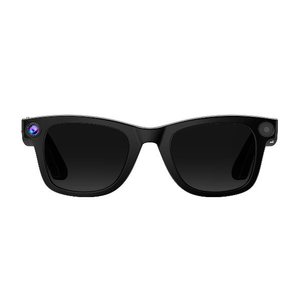 Occhiali da sole smart neri con telecamere integrate negli angoli.