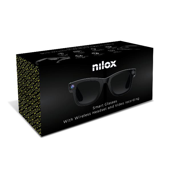 Una scatola nera per occhiali smart Nilox con immagini del prodotto su sfondo bianco.