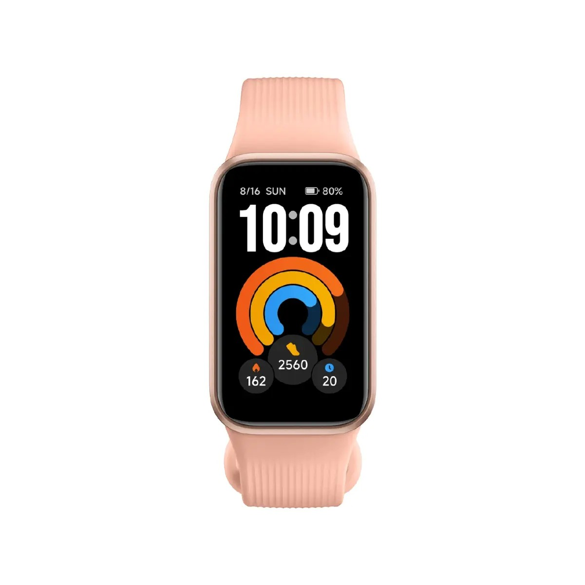Una pulsera de actividad en oro rosa con correa rosa muestra la hora, fecha, batería y anillos de actividad en negro.