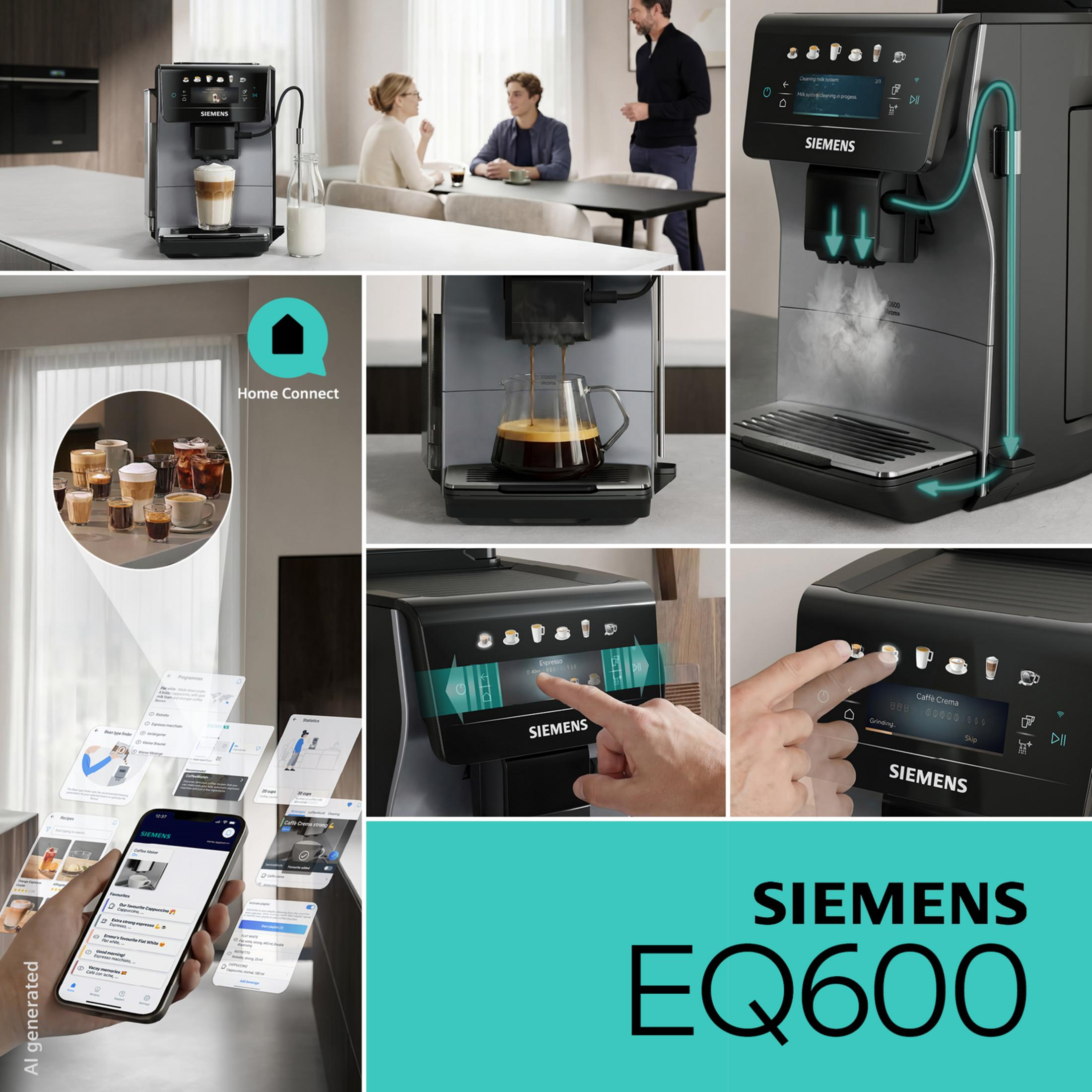 Modern bir mutfakta uygulama kontrolü ve sütlü içecekler sunan Siemens EQ600 kahve makinesi.