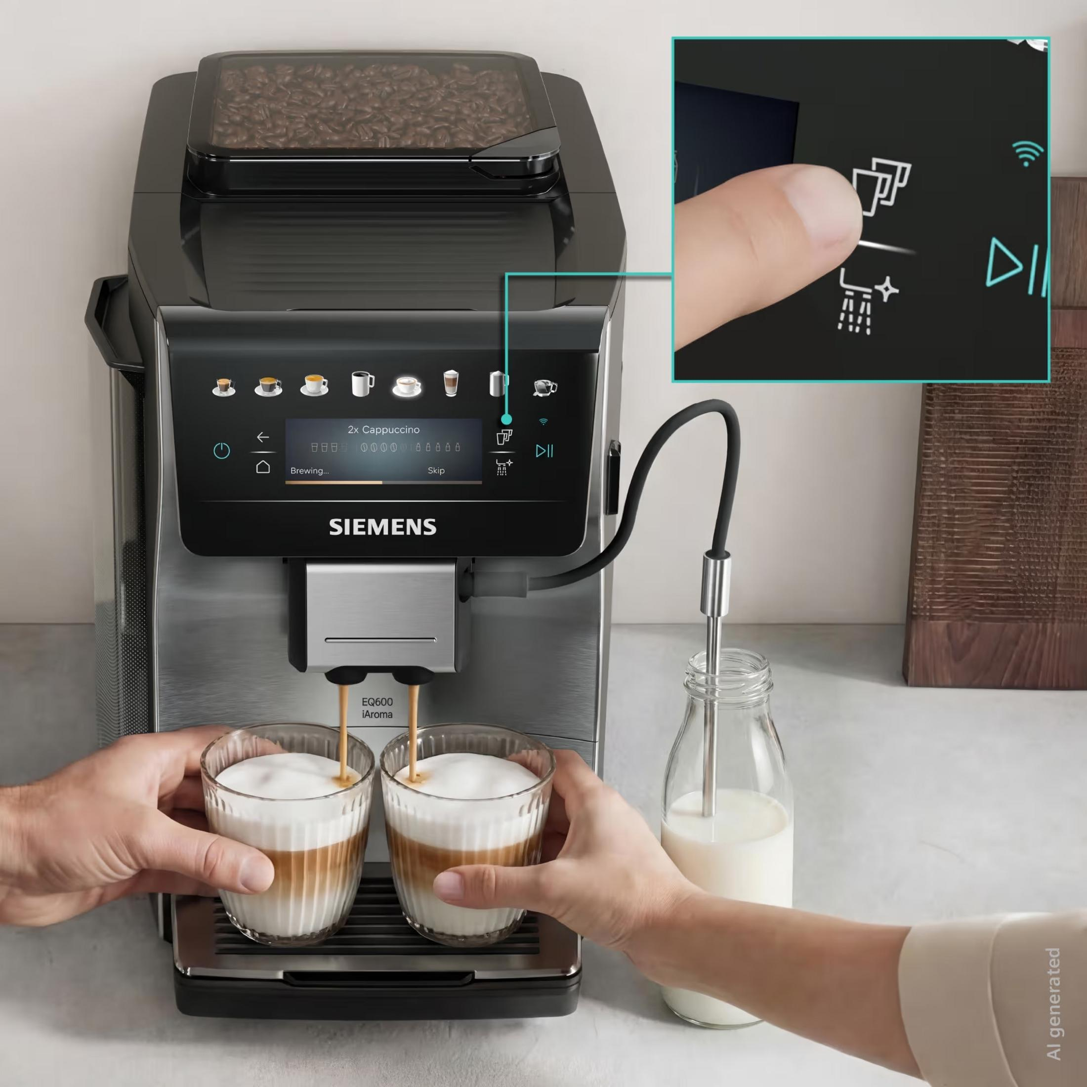Bir Siemens kahve makinesi, şişeden süt çekerken iki bardak cappuccino hazırlar.