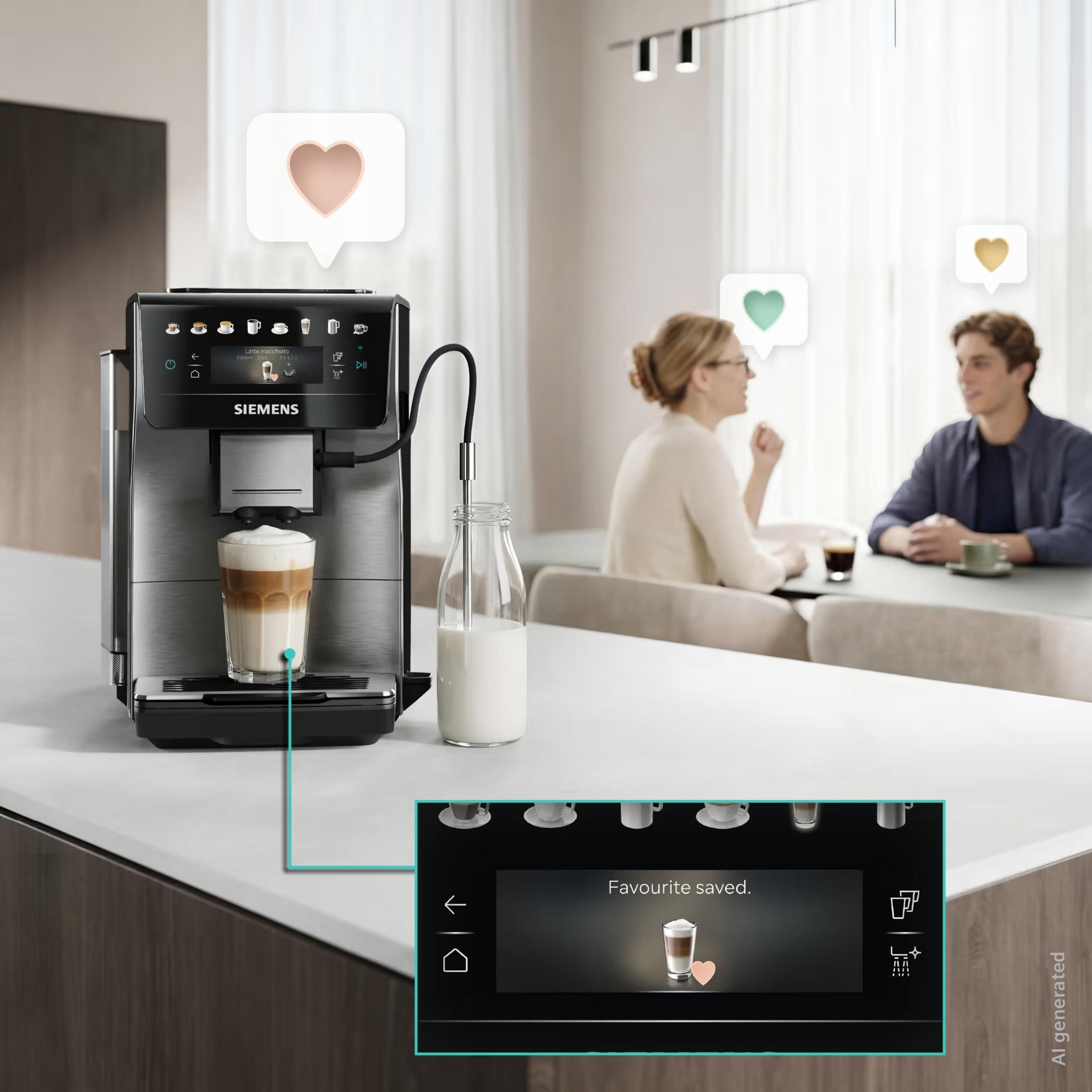 Tezgâh üzerinde latte macchiato, süt şişesi ve arkada bir çift bulunan Siemens kahve makinesi.
