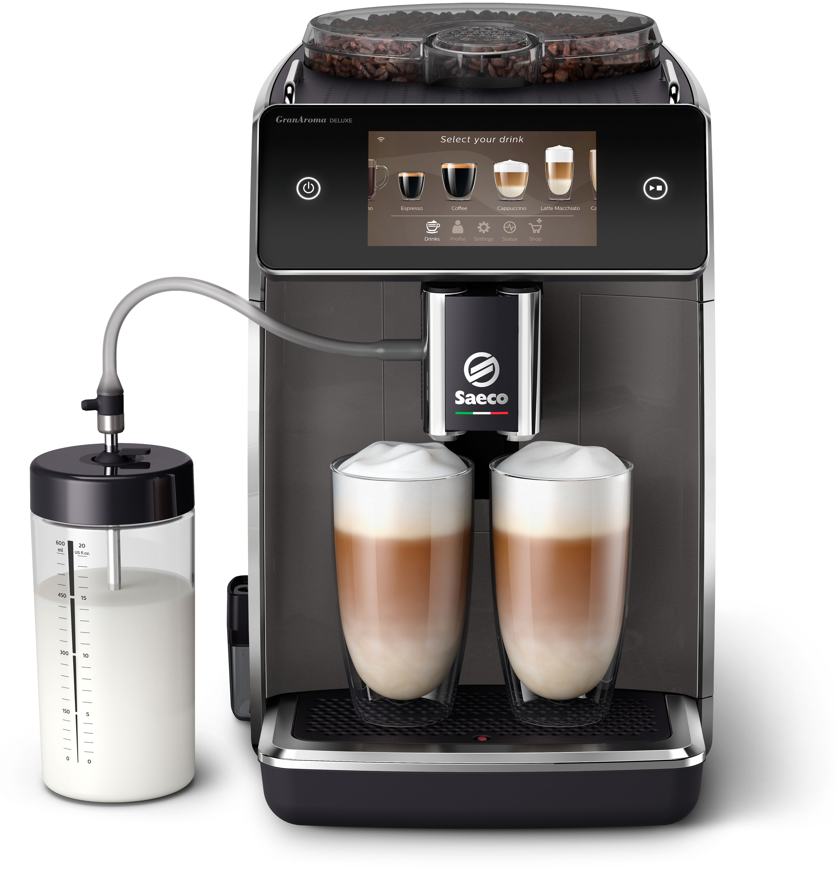 Moderna macchina per caffè Saeco con tramoggia, display e contenitore latte che prepara due latte macchiato.