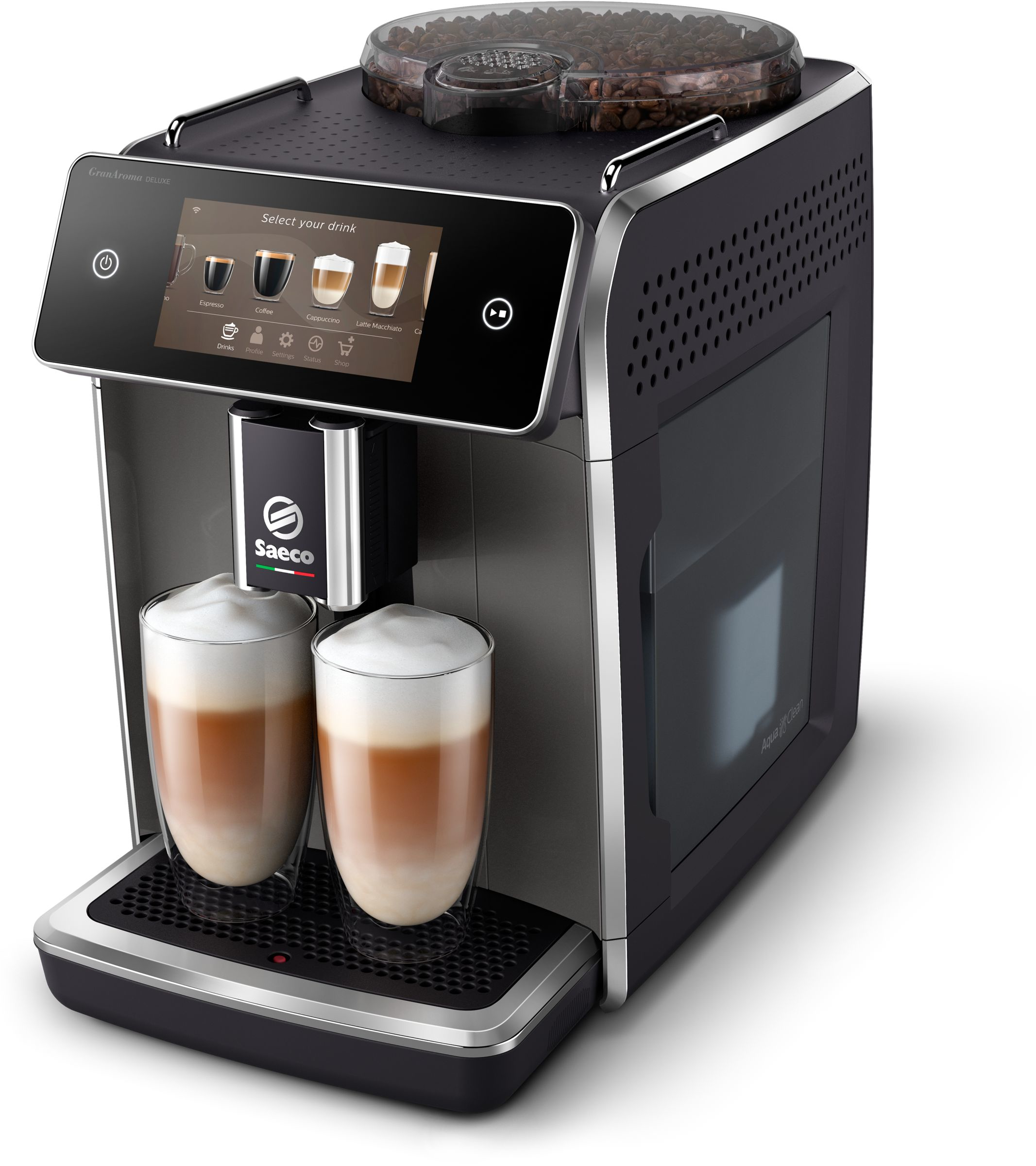 Macchina da caffè Saeco con touchscreen che eroga due latte macchiato.