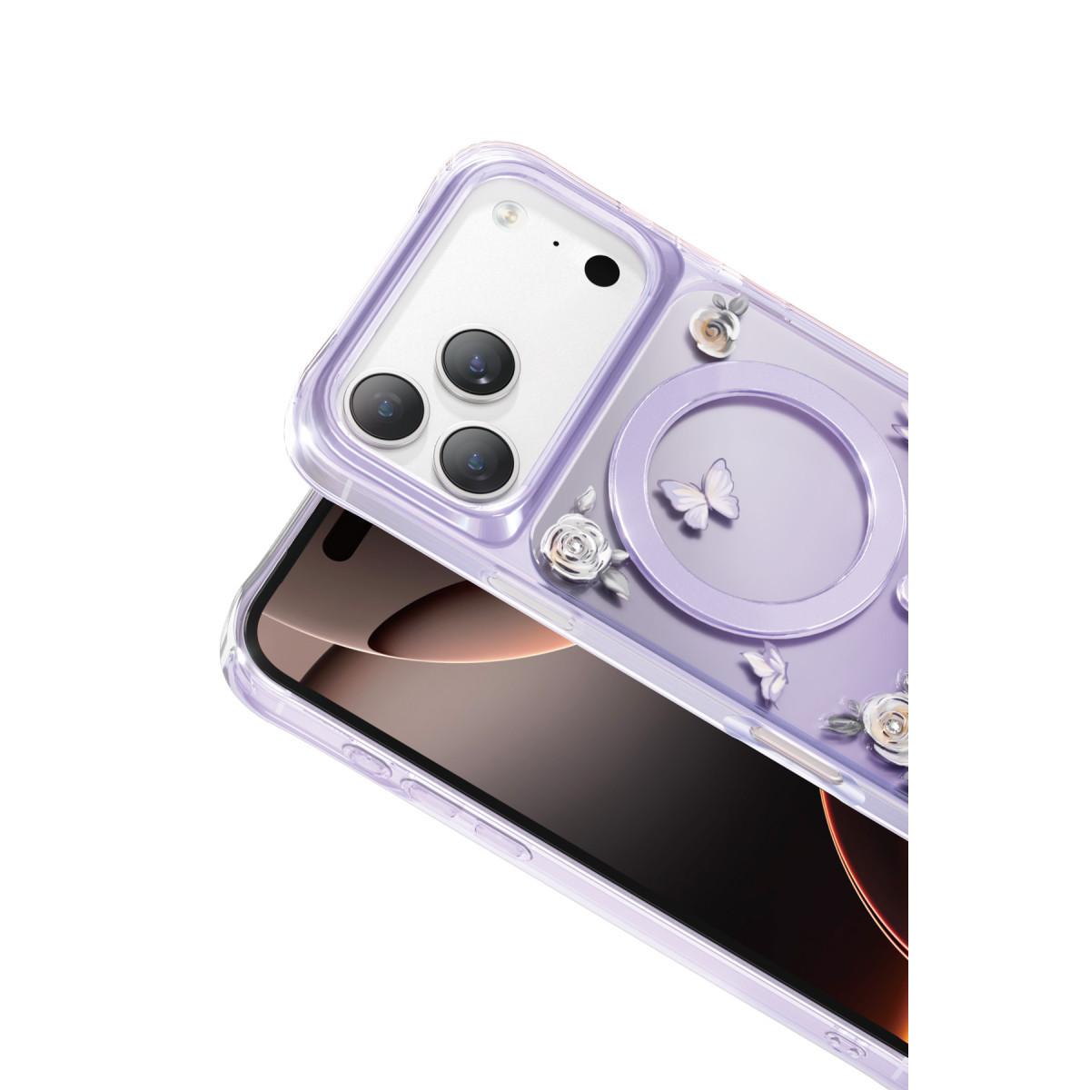 Arkası çiçek ve kelebek motifleriyle süslenmiş lavanta rengi akıllı telefon kılıfı ve MagSafe halkası.