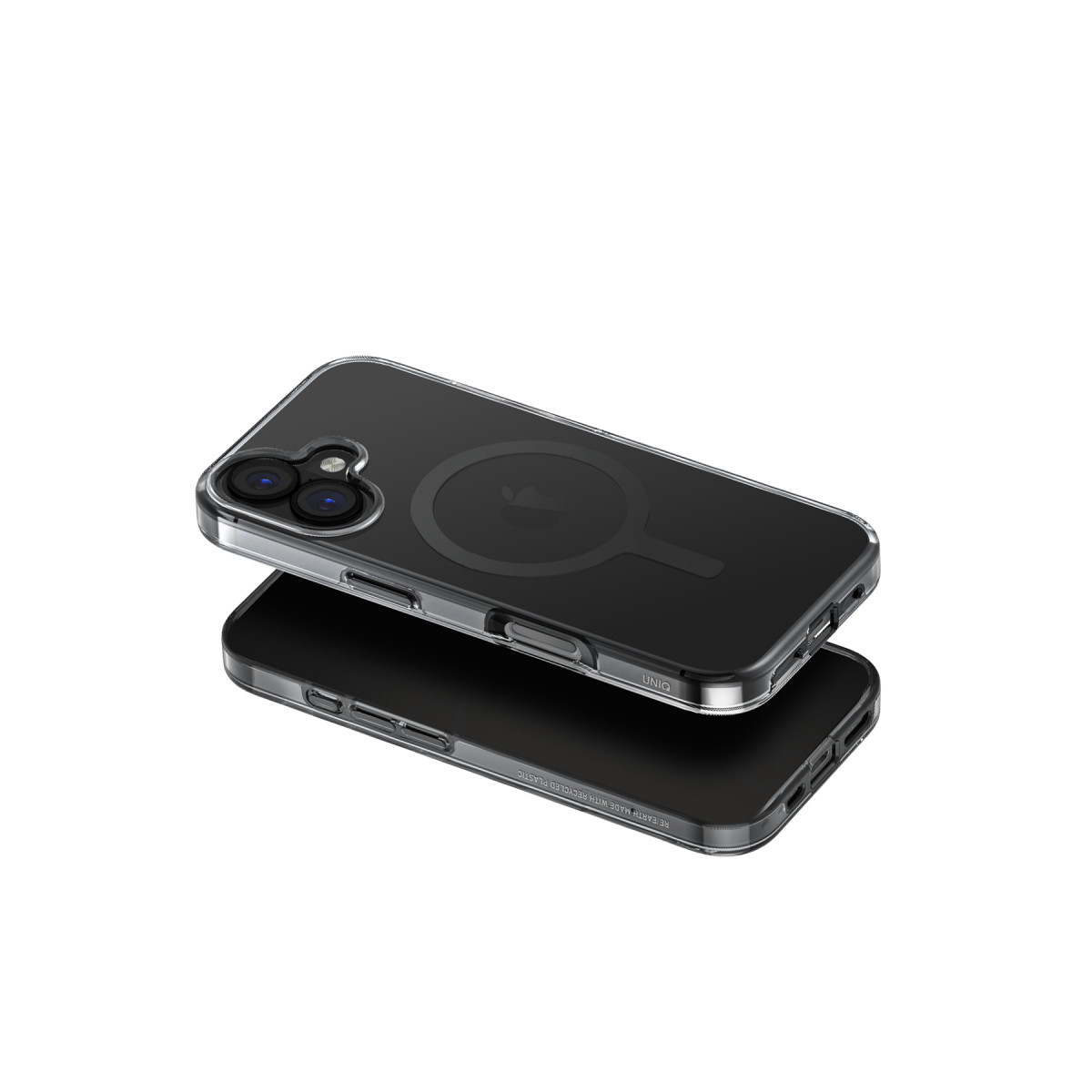 Beyaz arkaplanda MagSafe halkali seffaf kilifli iki siyah akilli telefon.