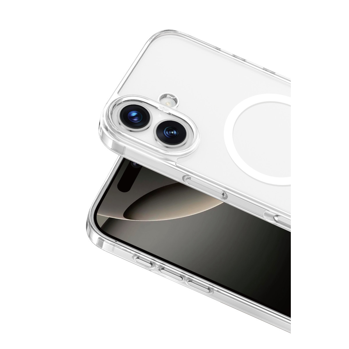 Şeffaf koruyucu kılıf içinde, çift kameralı ve MagSafe halkalı akıllı telefon.