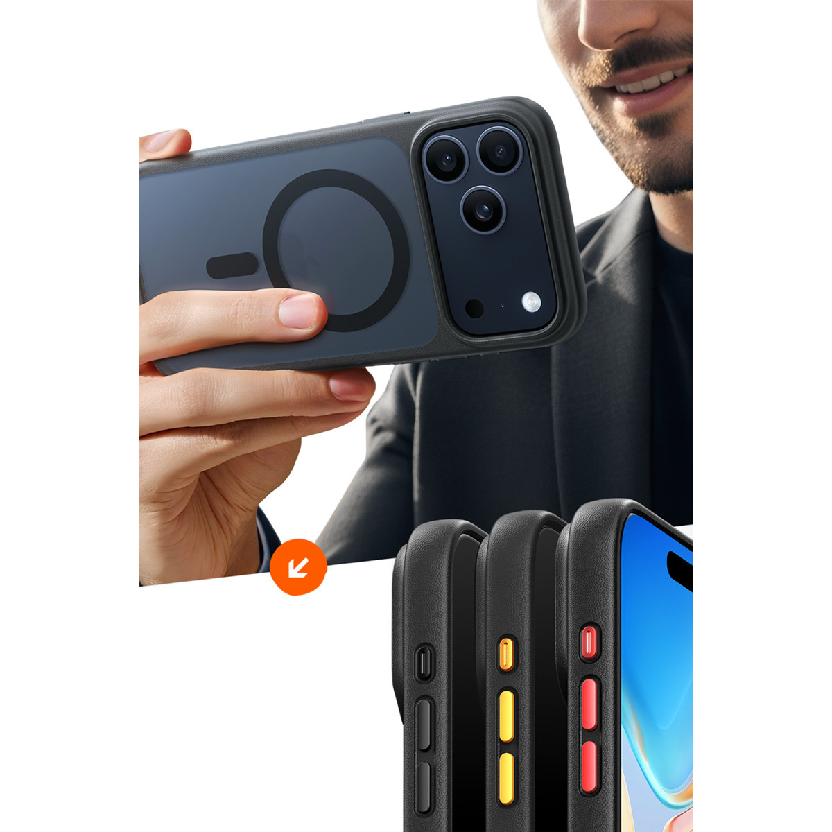 Bir adam manyetik halkalı koruyucu kılıfta siyah bir akıllı telefon tutuyor.