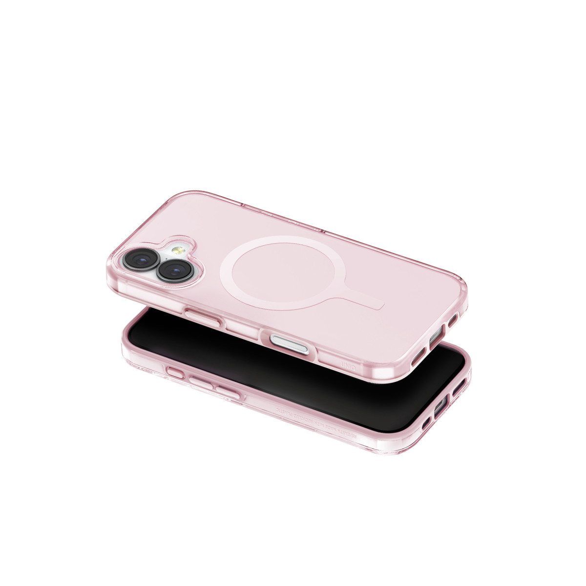 Koruyucu kılıflı pembe akıllı telefon, çift kameralı ve MagSafe halkalı arka yüzüyle beyaz arka planda.