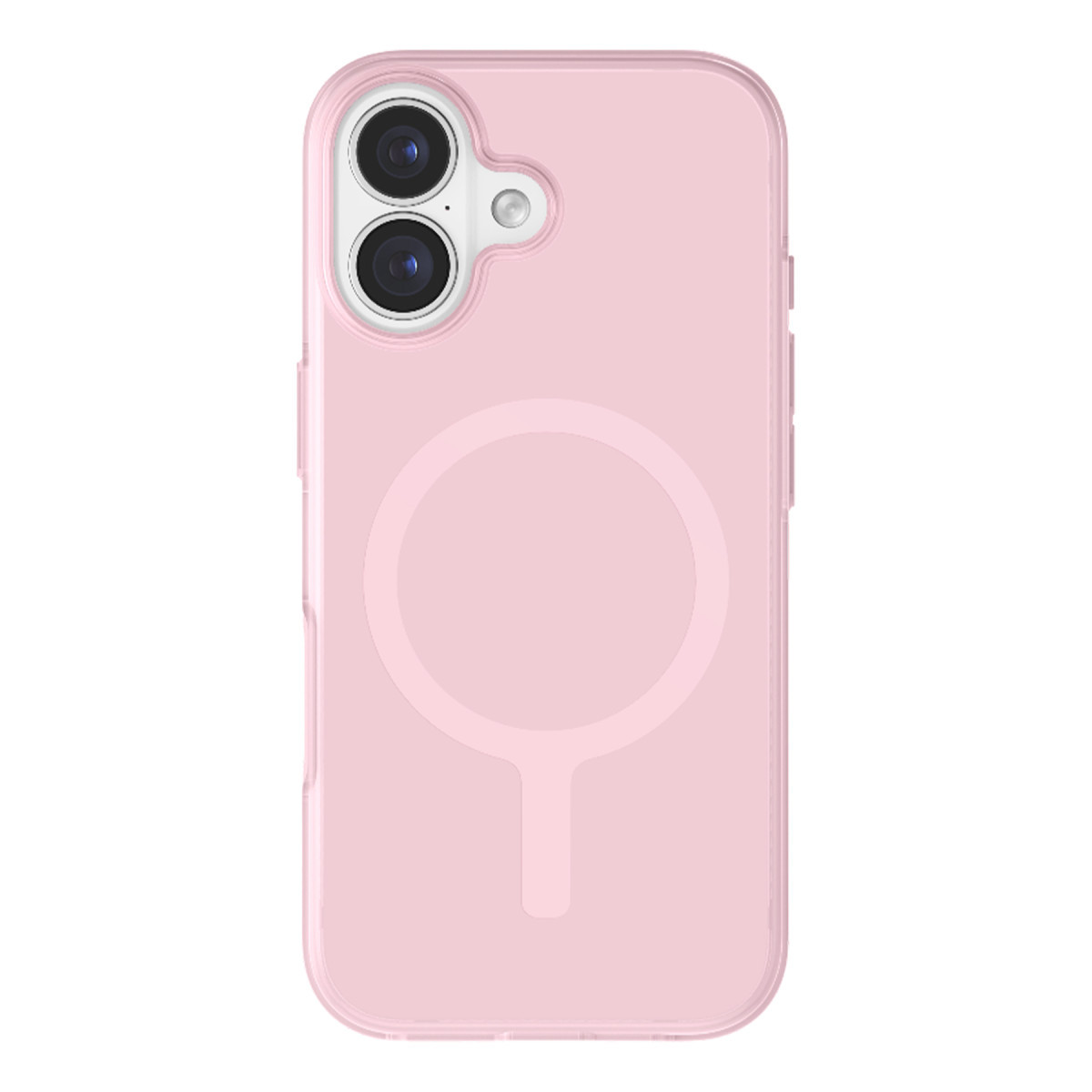Arkada iki kamera deliği ve dairesel mıknatıs sembolü bulunan pembe akıllı telefon kılıfı.