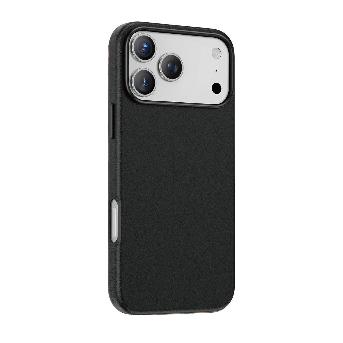 Beyaz arka planda üçlü kamera lensine ve gümüş kamera modülüne sahip koruyucu kılıf içindeki siyah akıllı telefon.