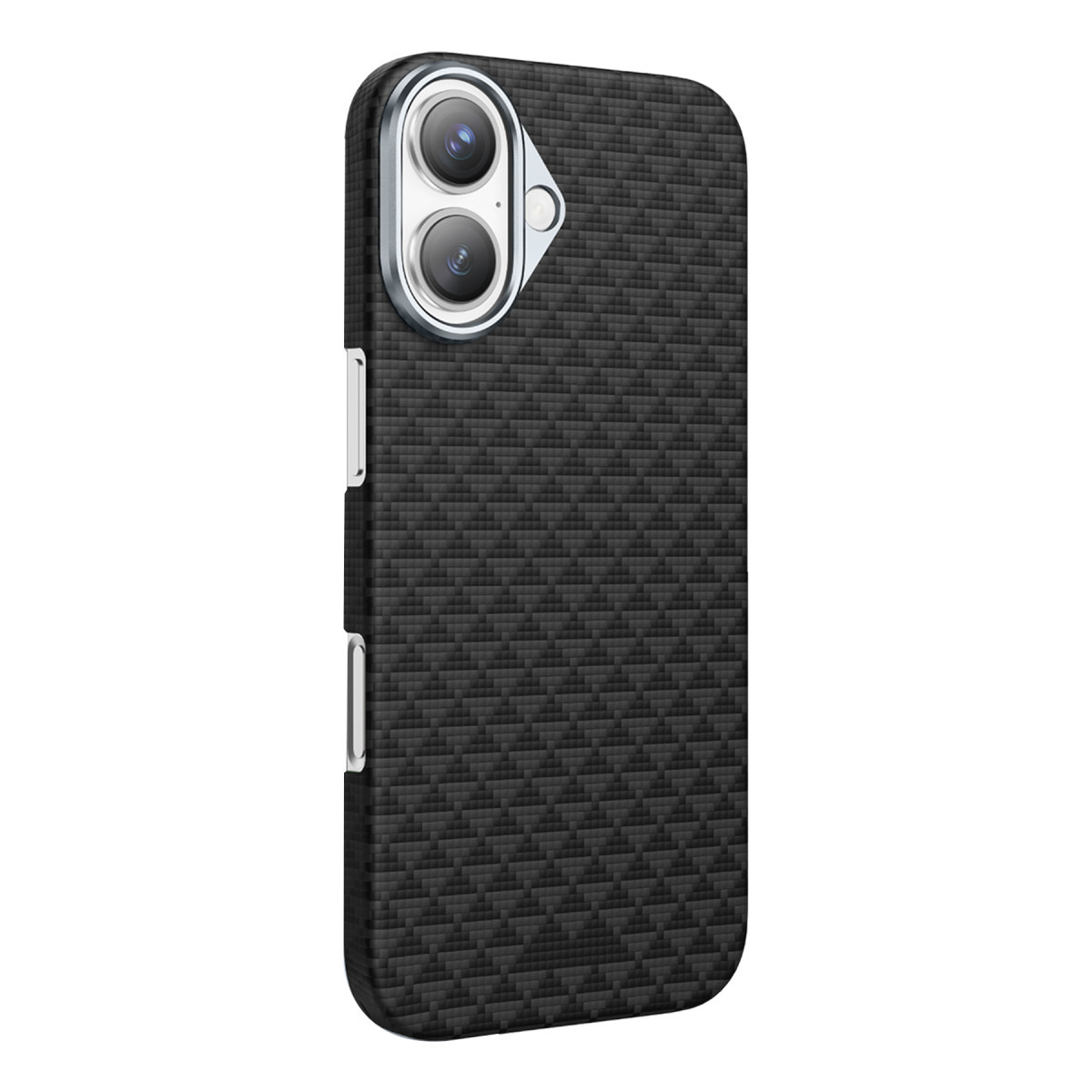 Karbon fiber dokulu siyah akıllı telefon kılıfı, gümüş çerçeveli çift kamera ve yan tuşlar.