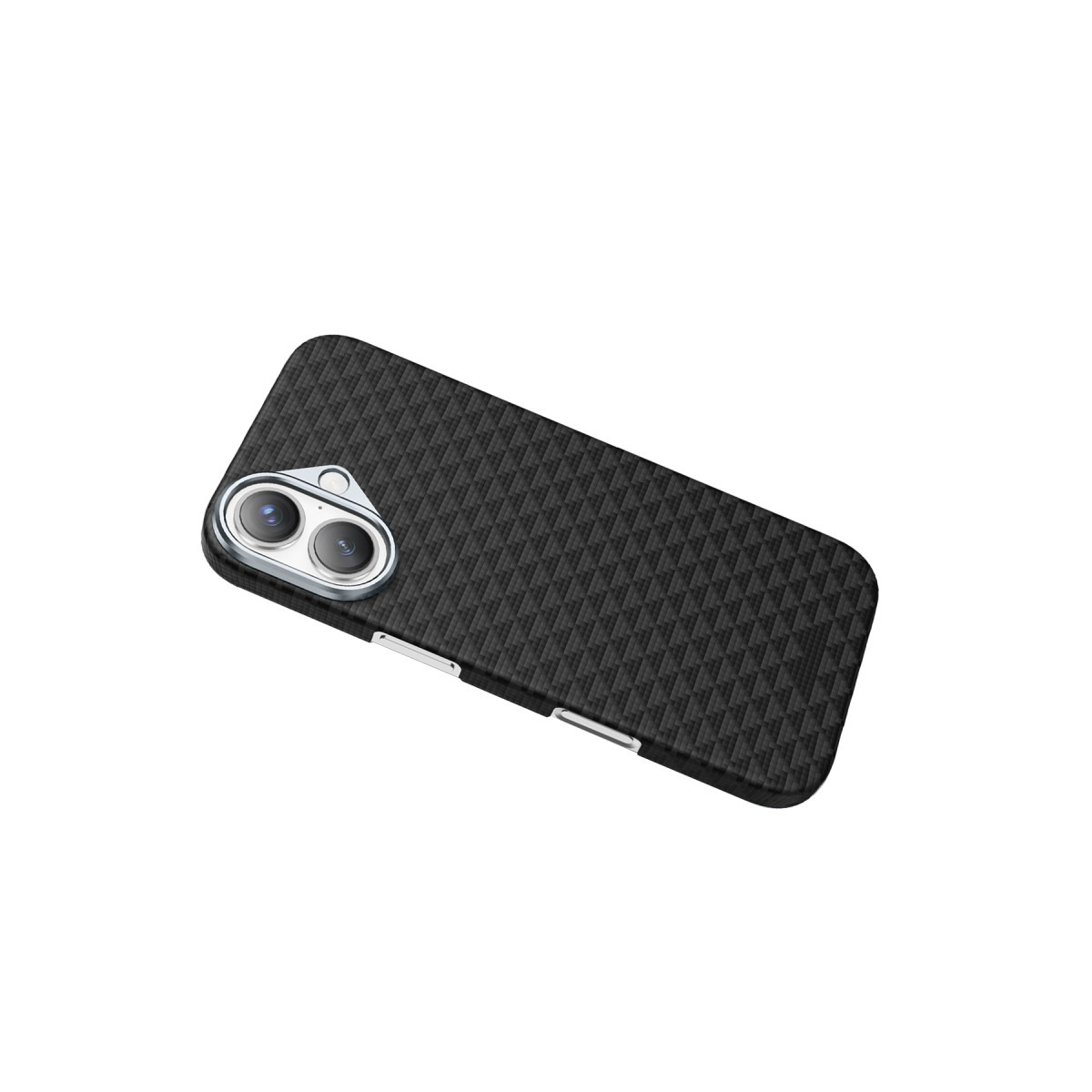 Karbon desenli siyah telefon kılıfı, iki kamera lensi ve gümüş çerçeve beyaz arka planda.