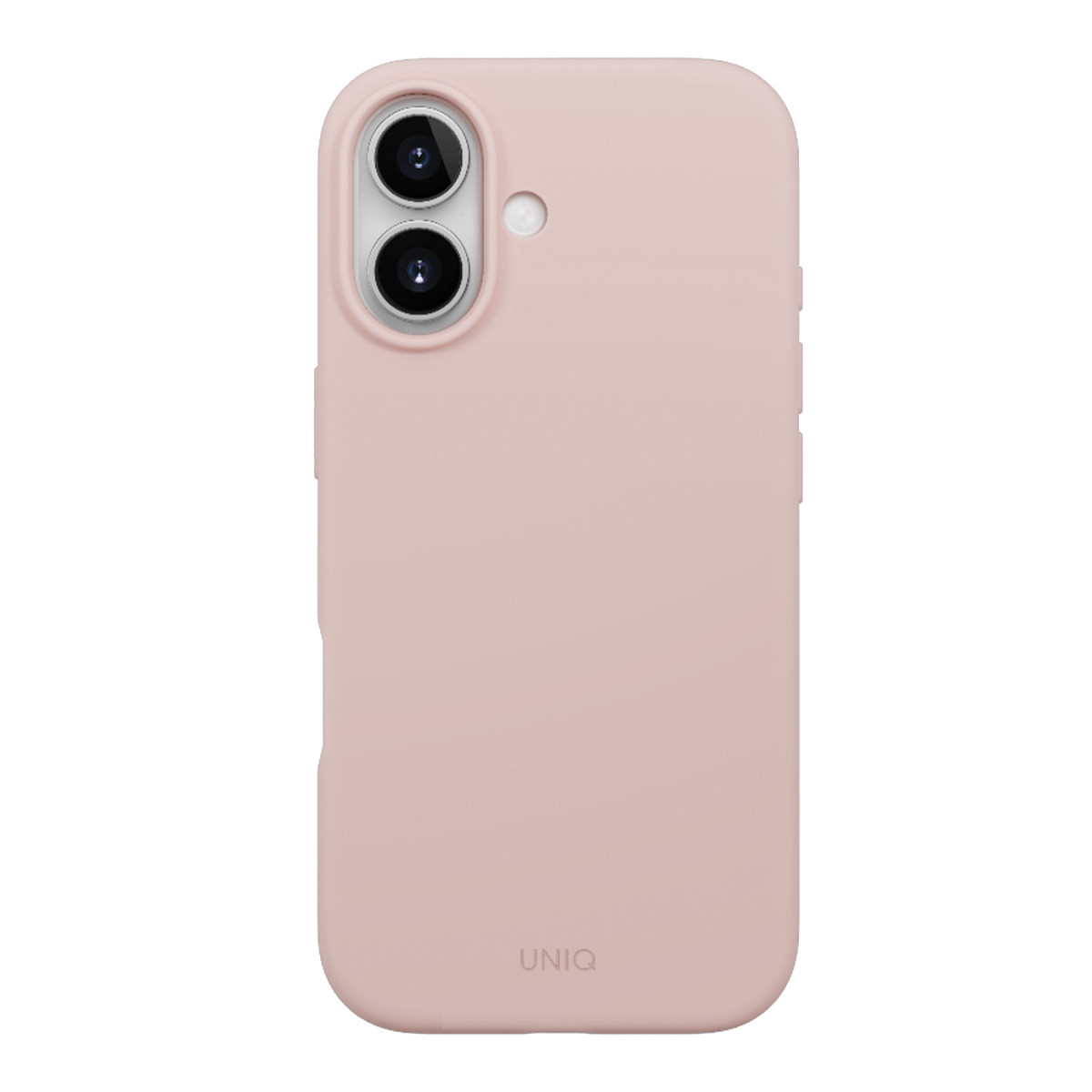 İki dikey kamera lensine ve flaşa sahip pembe akıllı telefon kılıfı, alt kısımda UNIQ yazısı var.