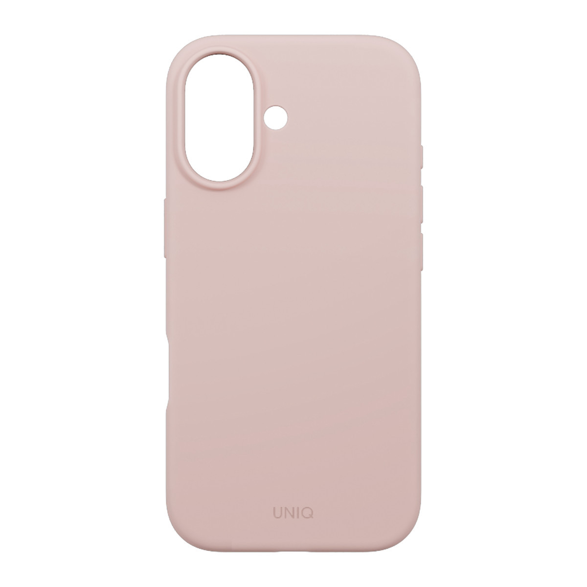Beyaz arka planda kamera kesikli ve alt kısımda Uniq logolu mat pembe telefon kılıfı.