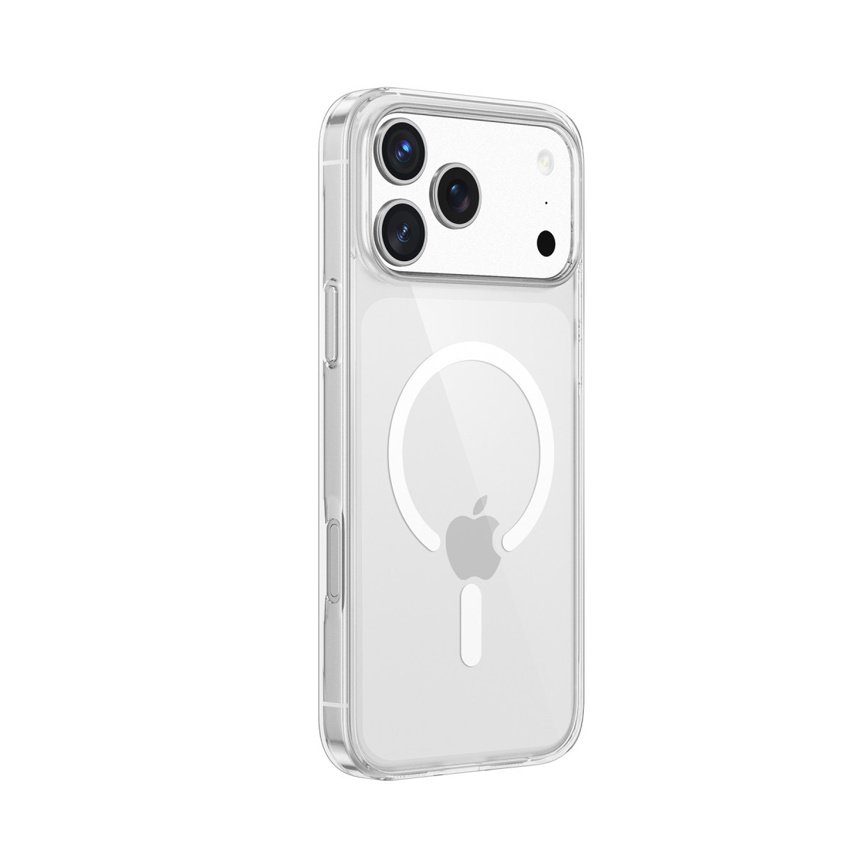 Beyaz arka planda MagSafe halkası ve kamera kesikleri olan şeffaf akıllı telefon kılıfı.