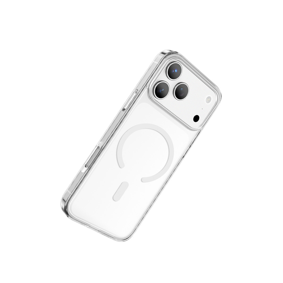 Arkasında MagSafe halkası olan şeffaf iPhone kılıfı, beyaz arka plan üzerinde.