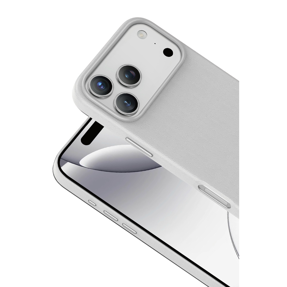 Koruyucu kılıflı beyaz bir akıllı telefon, üçlü kamerasını ve ekranını gösteriyor.
