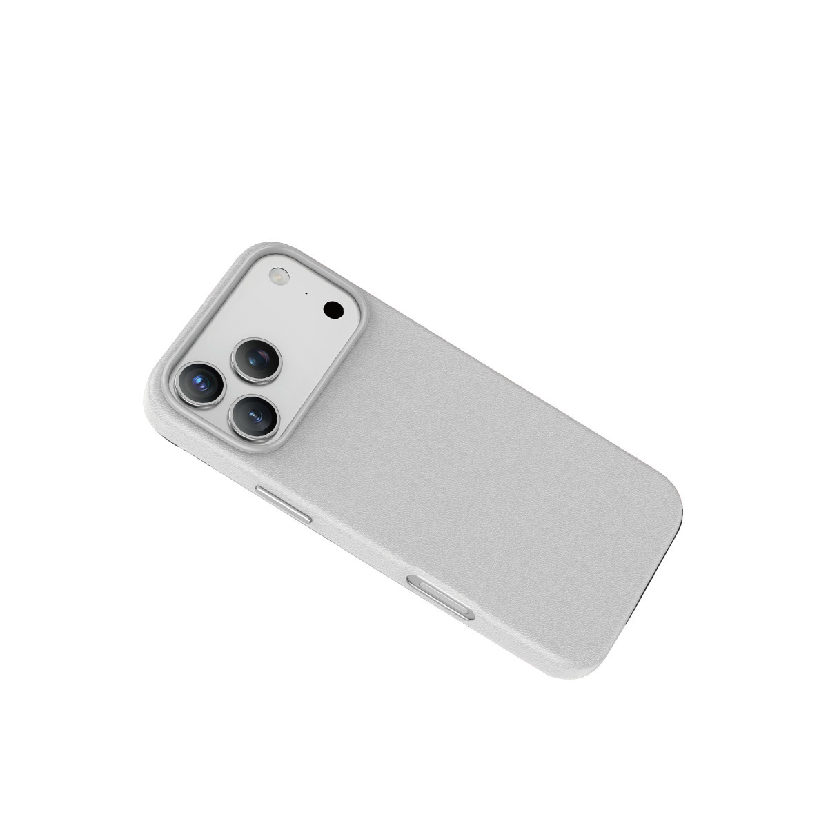 Beyaz arkaplanda üçlü kamera kurulumu olan arka yüzü gösteren koruma kılıflı açık gri akıllı telefon.