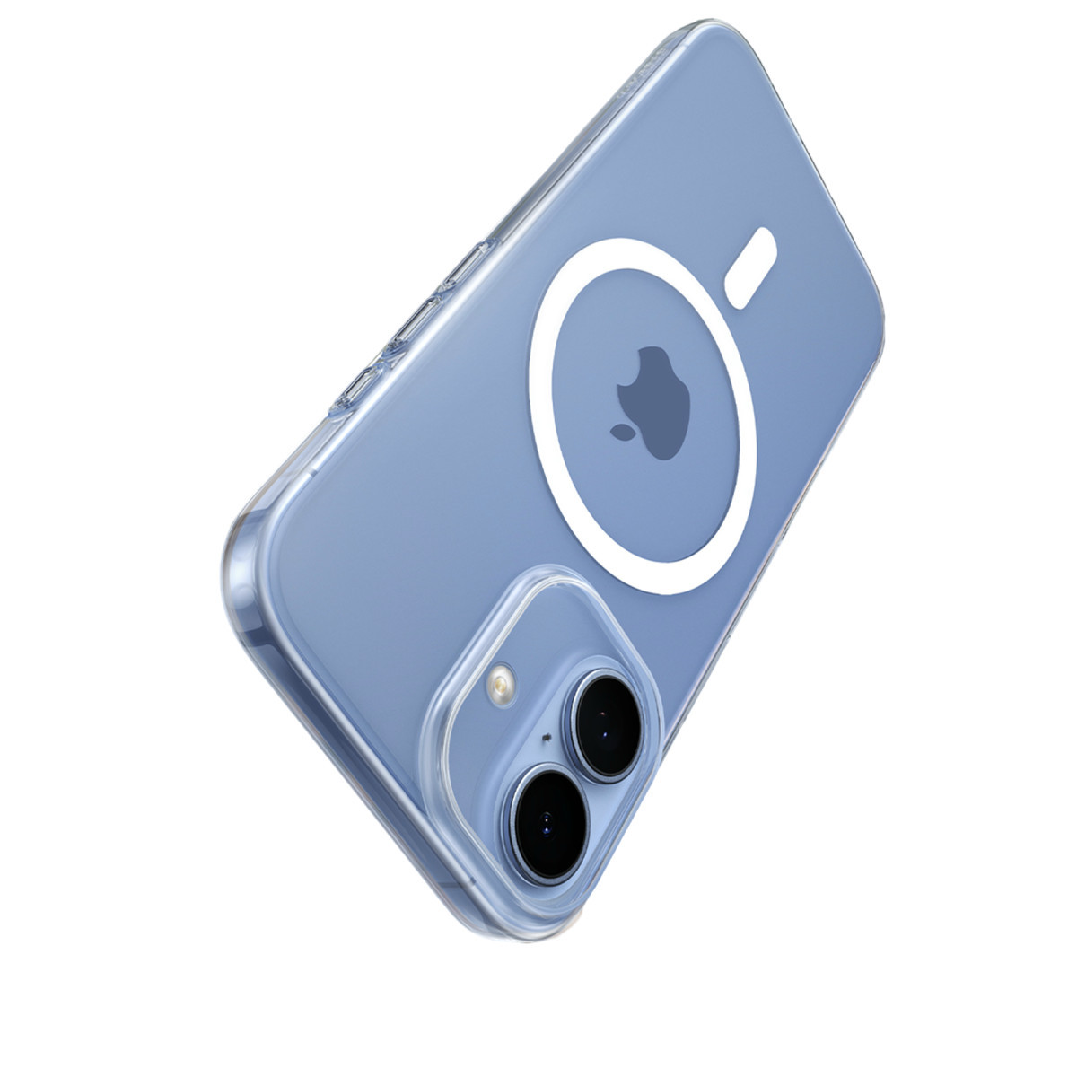 Beyaz arka planda şeffaf kılıflı, MagSafe halkalı ve çift kameralı mavi iPhone arka yüzü.