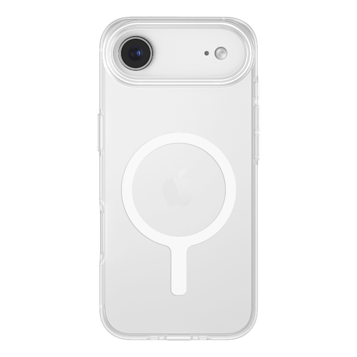Beyaz arka planda MagSafe halkalı ve kamera kesikli şeffaf akıllı telefon kılıfı.