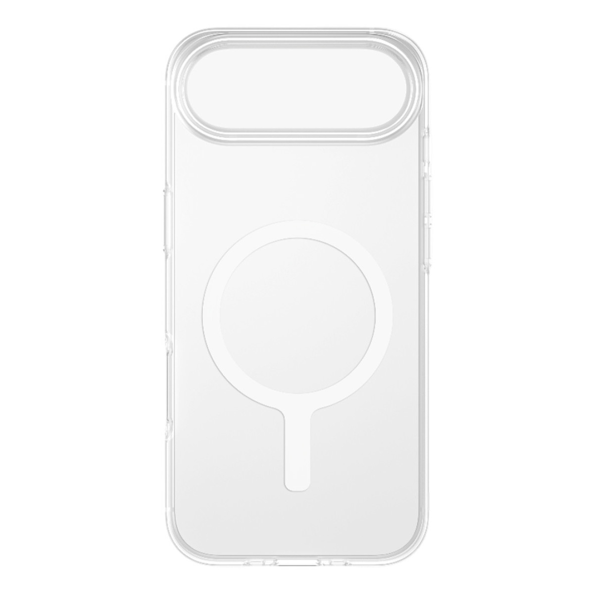 Beyaz arka planda beyaz MagSafe halkalı ve kamera kesikli şeffaf telefon kılıfı.