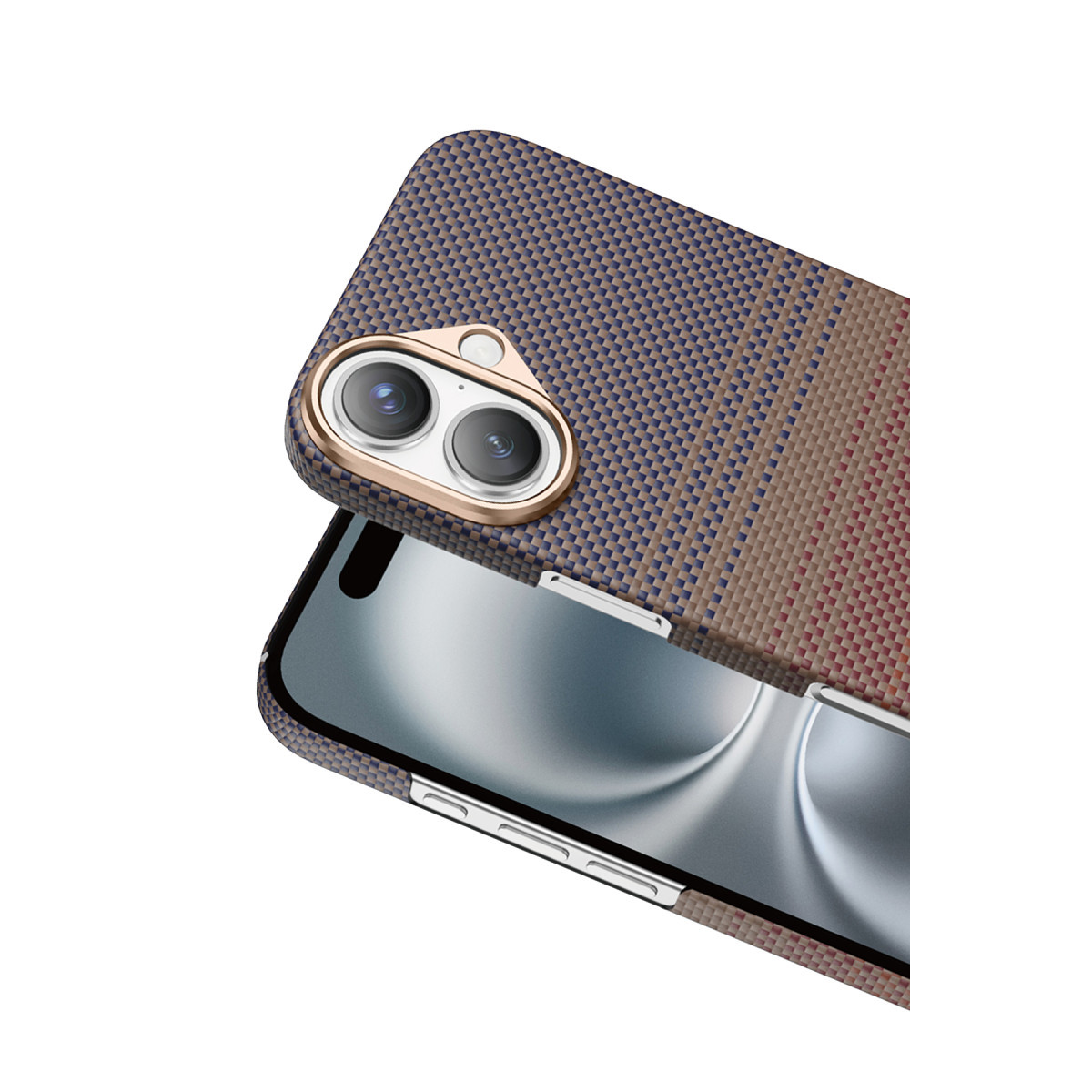 Arkada çift kameralı, dokuma desenli kılıf içindeki akıllı telefon.