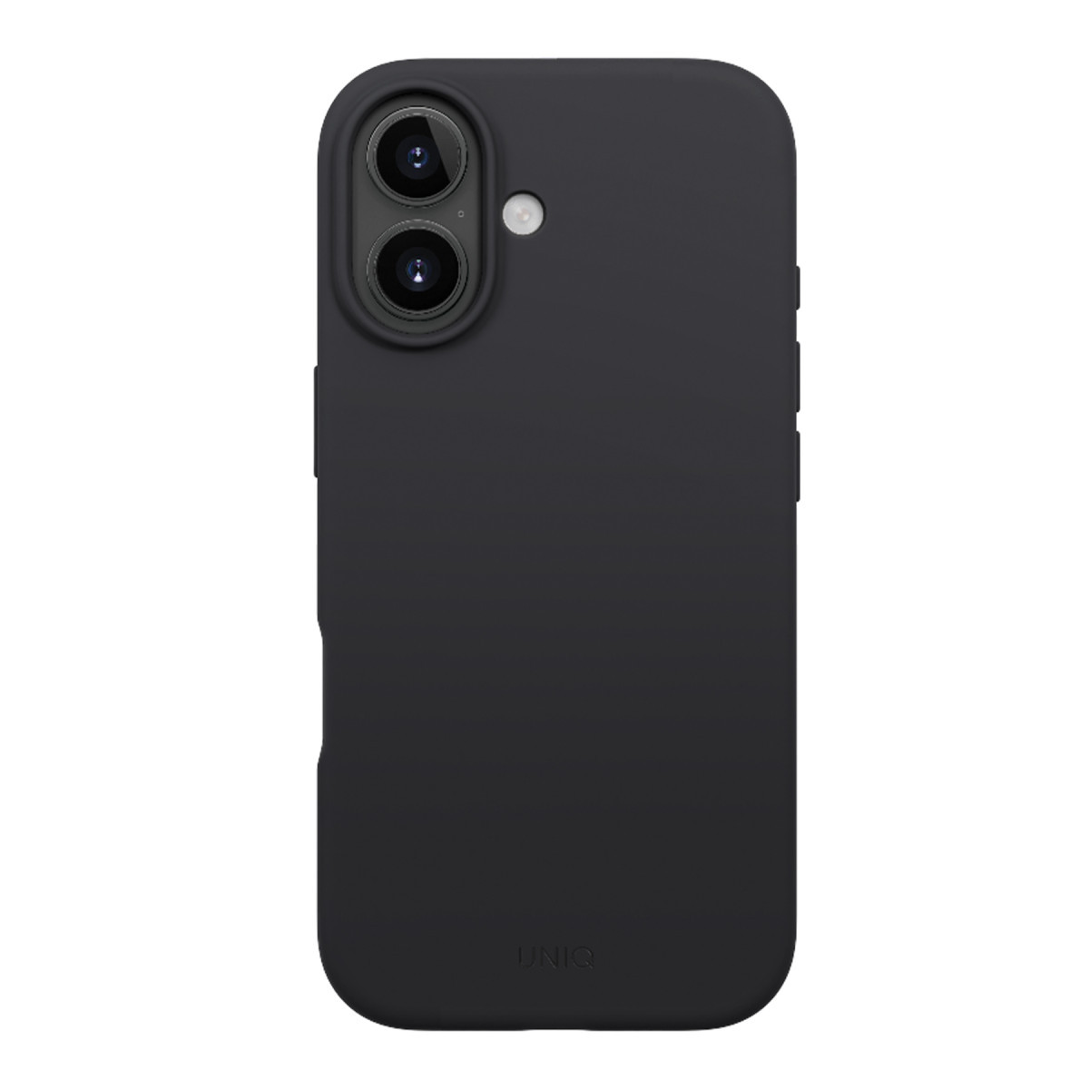 Arkada iki dikey kamera ve altta UNIQ marka adı bulunan mat siyah telefon kılıfı.
