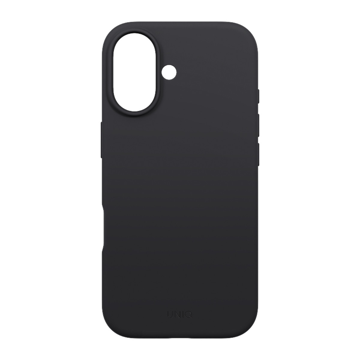 Kamera boşluğu ve altta marka logosu olan mat siyah telefon kılıfı.