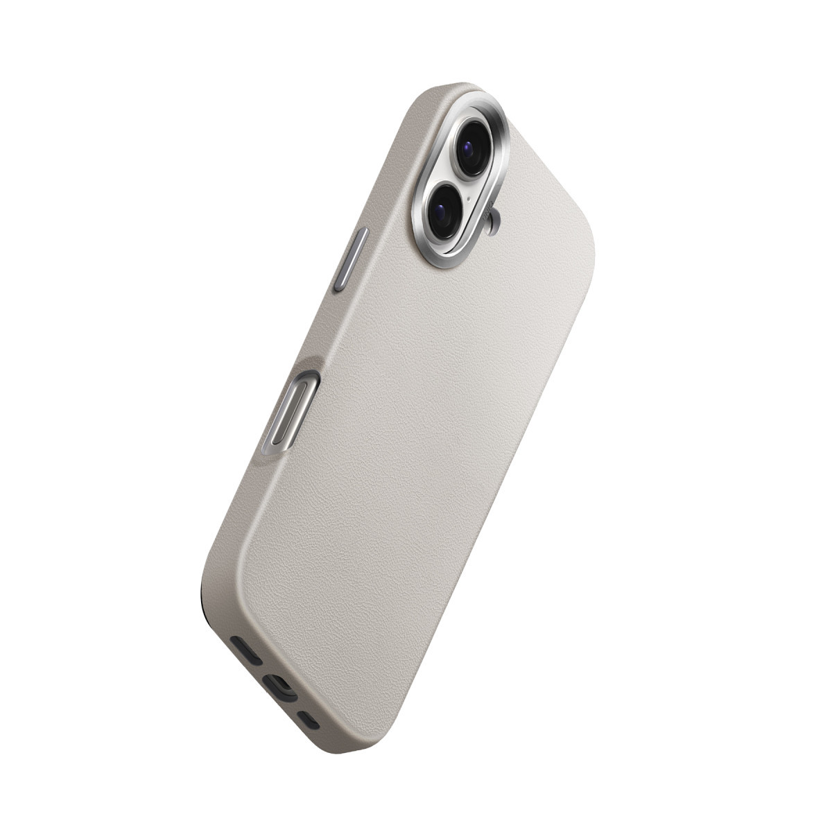 Düz beyaz arka planda gümüş kamera çerçeveli koruyucu kılıf içindeki bej renkli akıllı telefon.