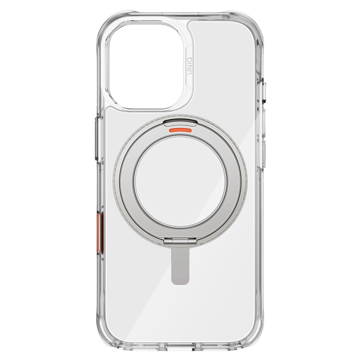 Beyaz arka planda entegre MagSafe halkalı ve kamera kesikli şeffaf akıllı telefon kılıfı.