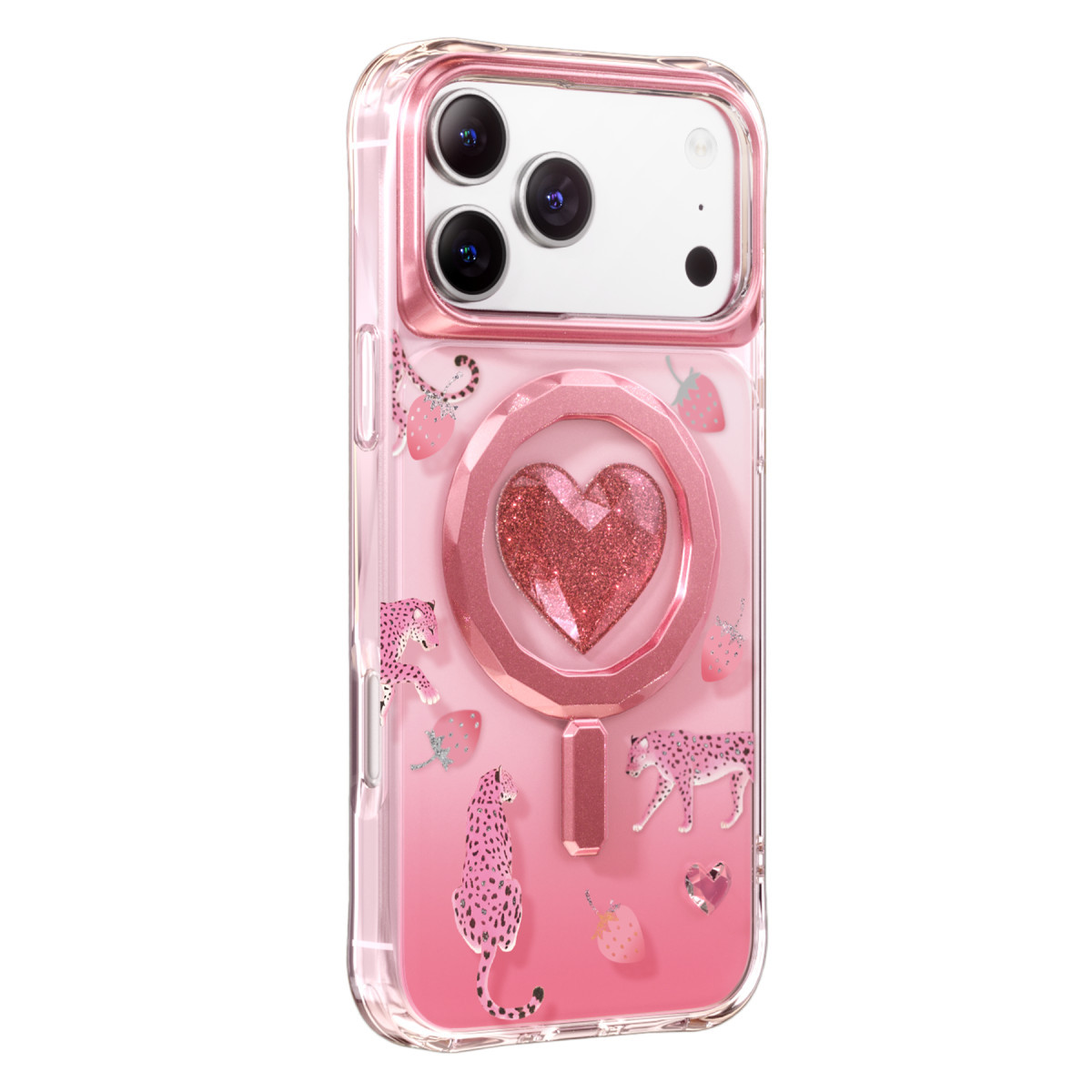 Kalpli, leoparlı ve çilekli pembe telefon kılıfı, standı var.