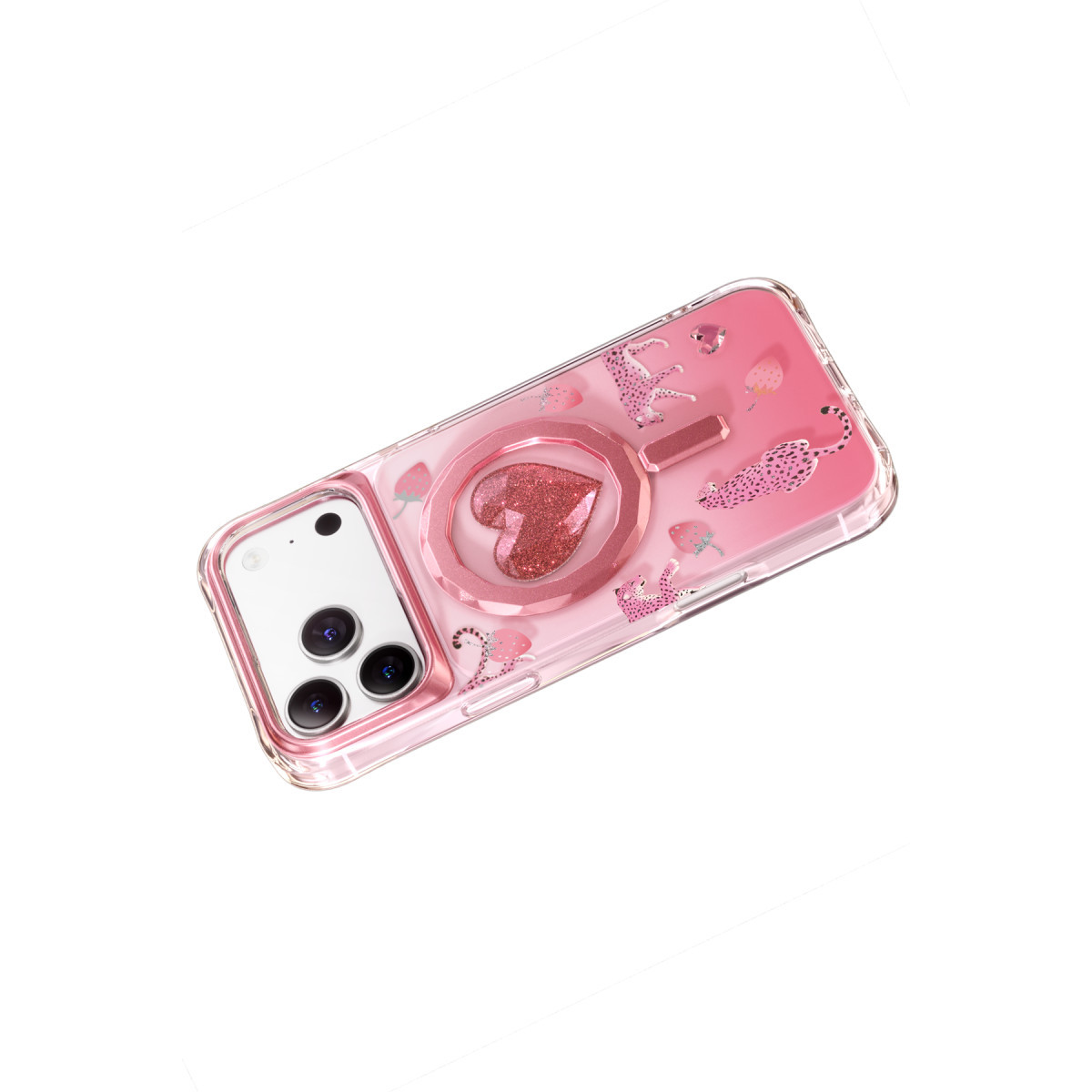 Kalpli, leopar desenli ve çilekli pembe telefon kılıfı, destekli.