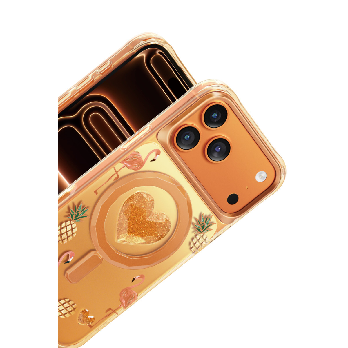 Glitter kalp, flamingolar ve ananaslar içeren, üç lensli kamera modülüne sahip altın renkli telefon kılıfı.
