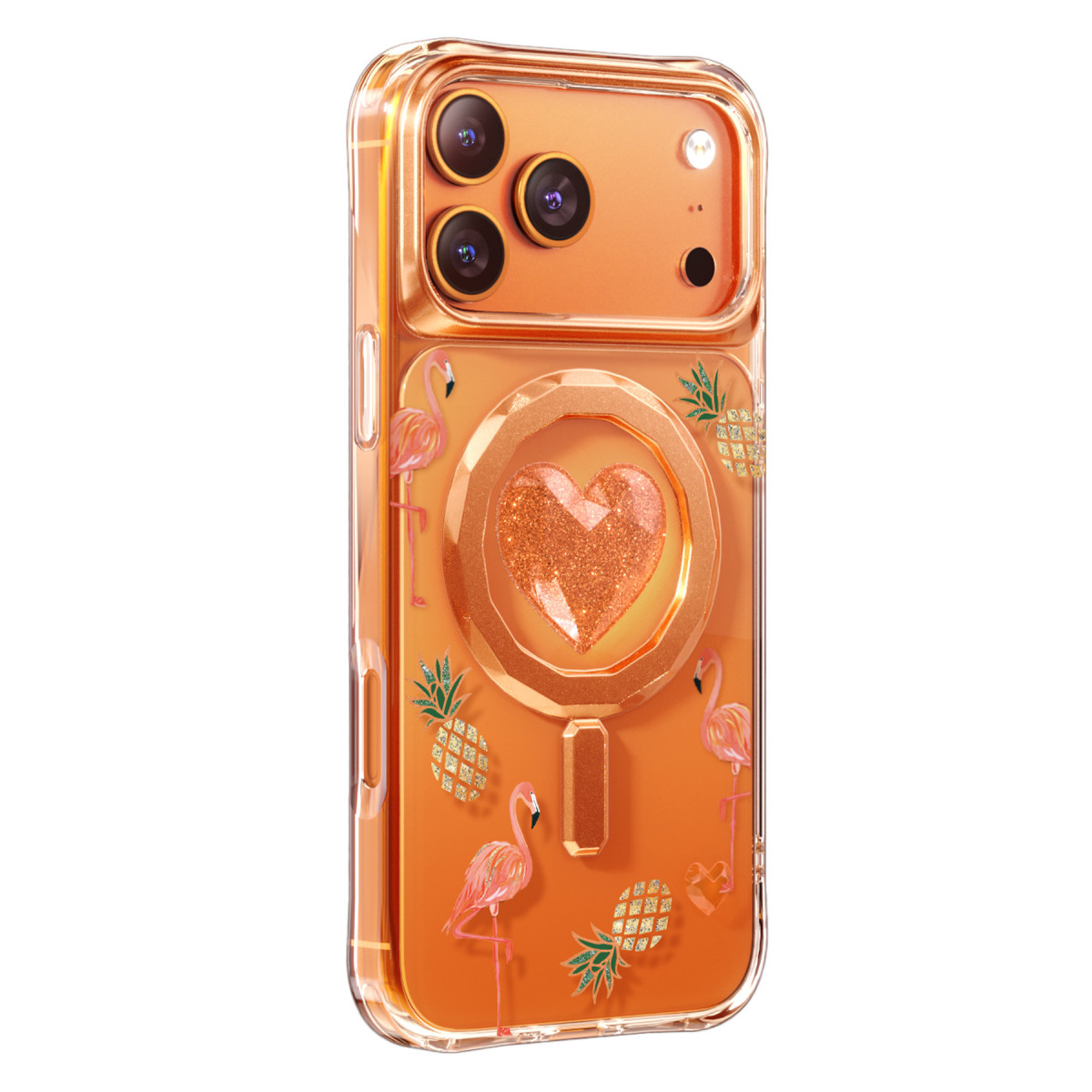 Flamingolar, ananaslar ve parıltılı kalpli halka standı içeren parlak turuncu telefon kılıfı.