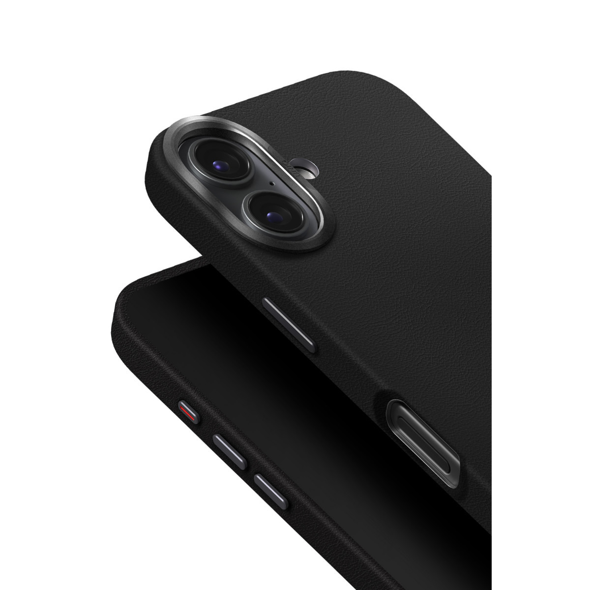 Beyaz arka planda çift kameralı siyah telefon kılıfı.
