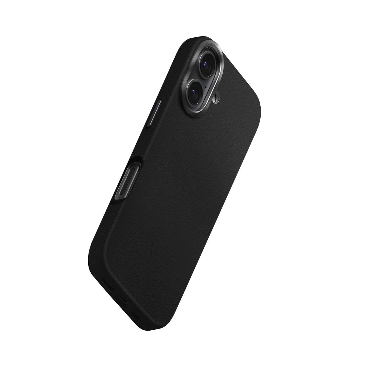 Beyaz bir arka plan üzerinde iki kamera çıkıntısına sahip siyah, dokulu bir akıllı telefon kılıfı.