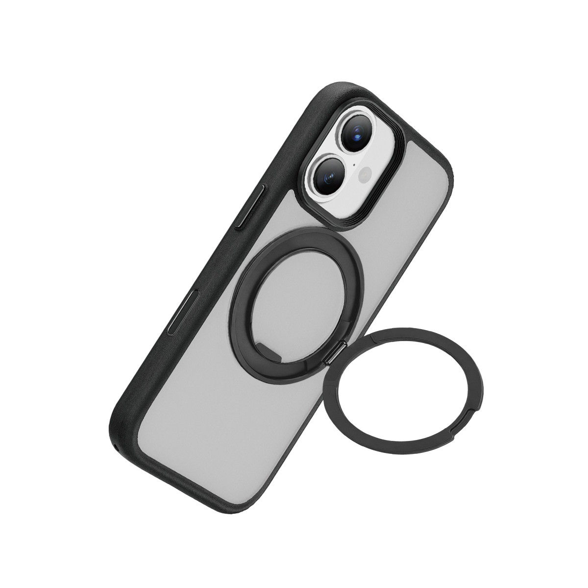 Arkası açılır katlanır dairesel standlı siyah ve şeffaf telefon kılıfı.