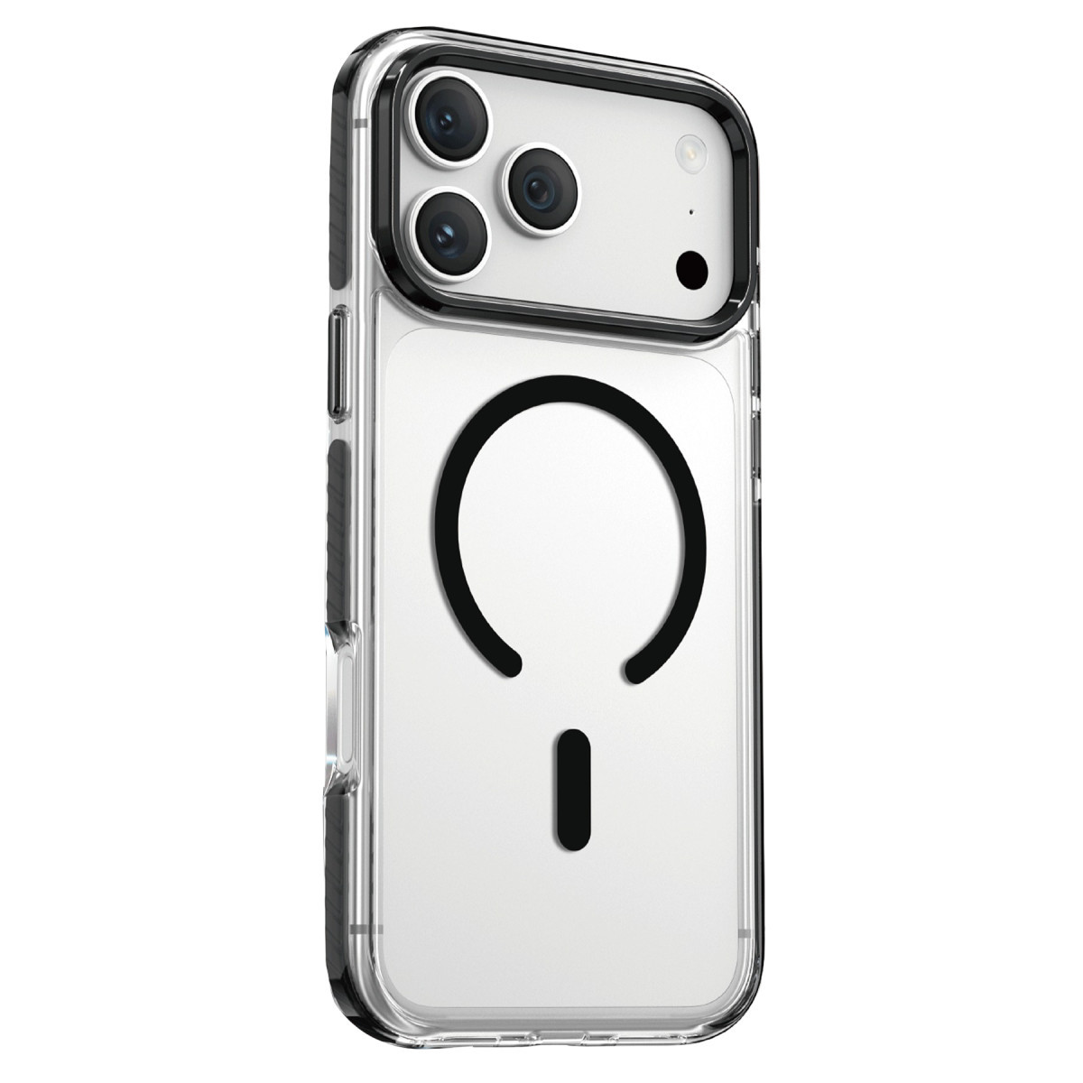 Arkasında siyah kenar ve MagSafe halkası olan şeffaf telefon kılıfı.