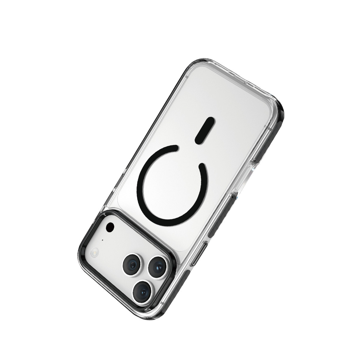 Bir akıllı telefonun arkasında siyah MagSafe halkalı şeffaf koruyucu kılıf.