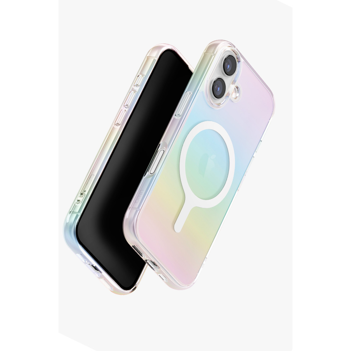 Beyaz arka planda MagSafe halkalı ve pastel tonlu iki akıllı telefon kılıfı.