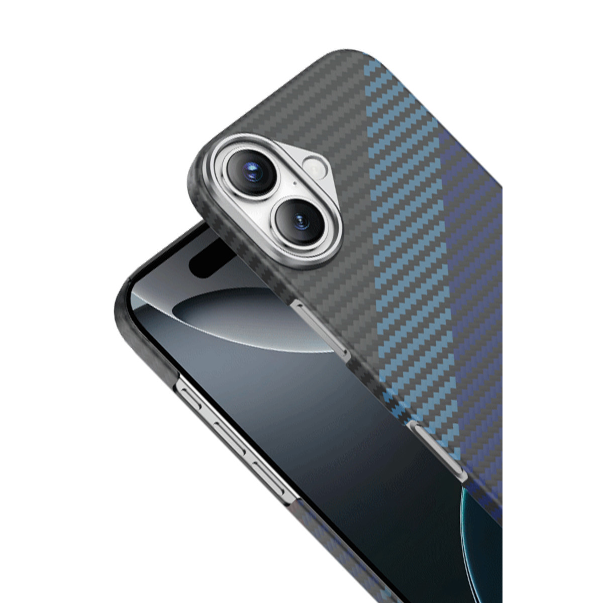 Dikey çift kamera lensine ve mavi şeritlere sahip karbon fiber koruyucu kılıf içindeki akıllı telefon.