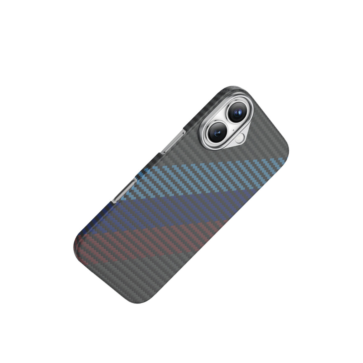 Karbon fiber dokulu ve mavi, koyu mavi ve kırmızı şeritli çapraz desenli akıllı telefon kılıfı.